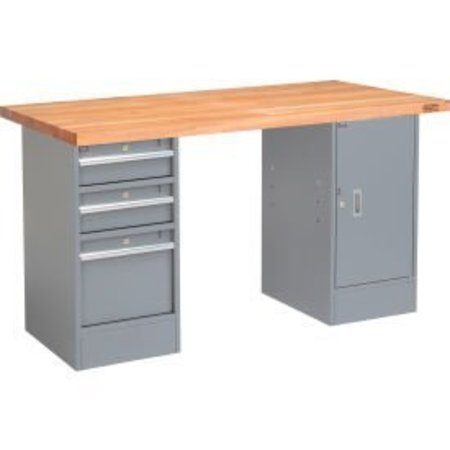 GLOBAL EQUIPMENT 96 x 30 Pedestal Workbench - 3 Drawers   Cabinet, Birch Square Edge - Gray 318862